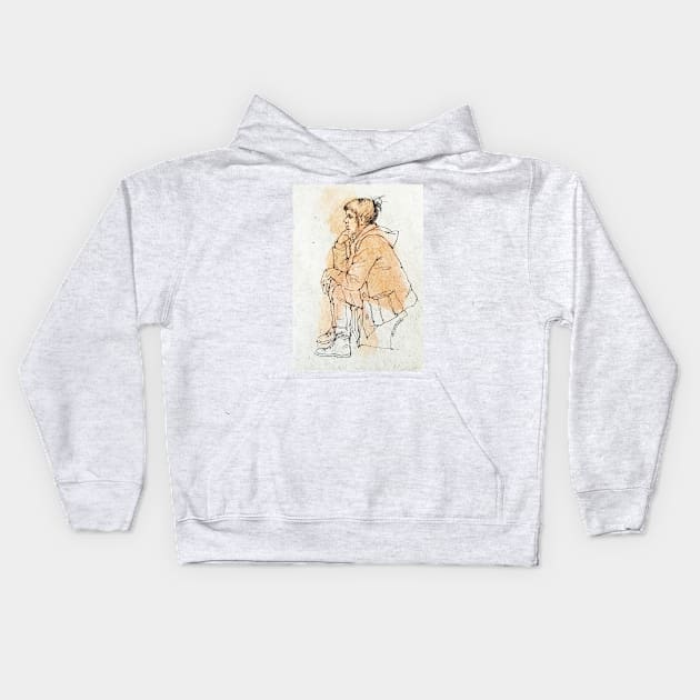 Girl in a duffel coat ~ink drawing Kids Hoodie by rozmcq